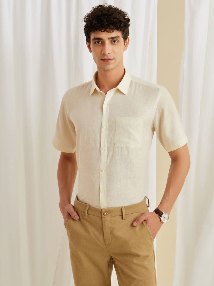 Cream Linen Spread Collar Shirt