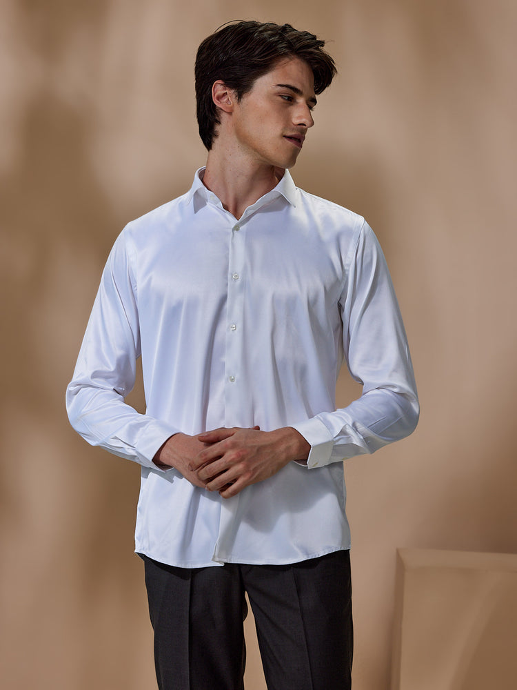 White Poly Stretch Spread Collar Shirt