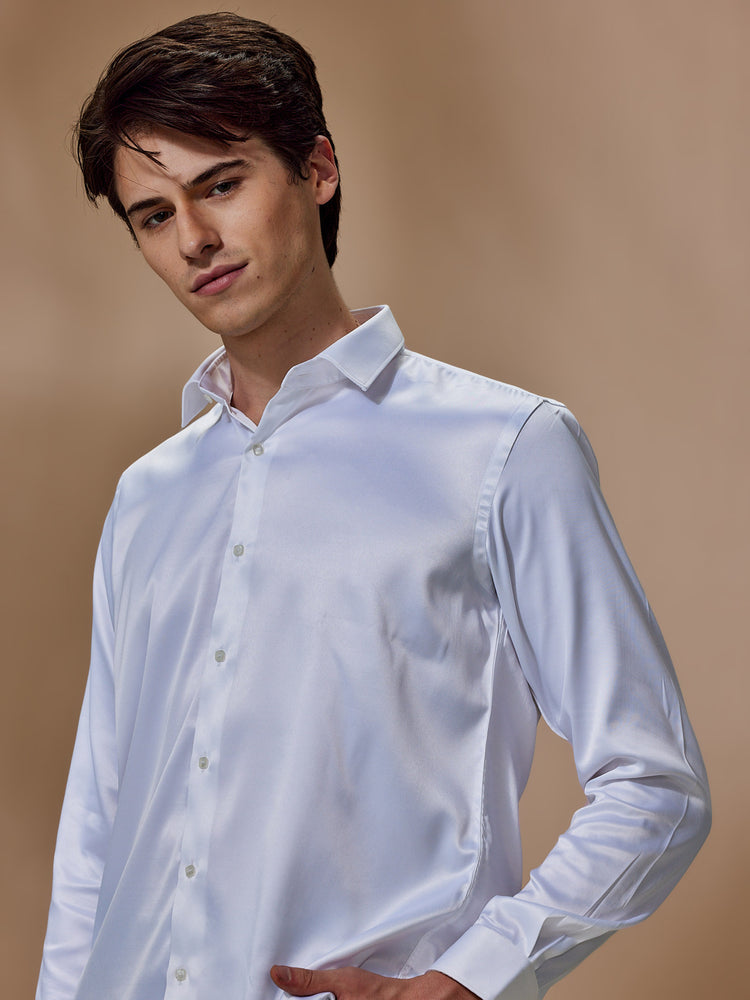 White Poly Stretch Spread Collar Shirt