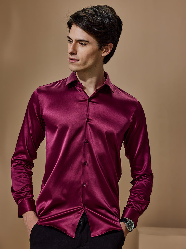 Red Poly Stretch Spread Collar Shirt