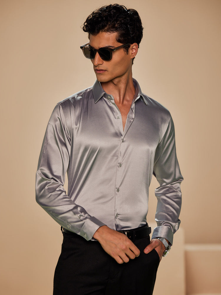 Grey Poly Stretch Spread Collar Shirt