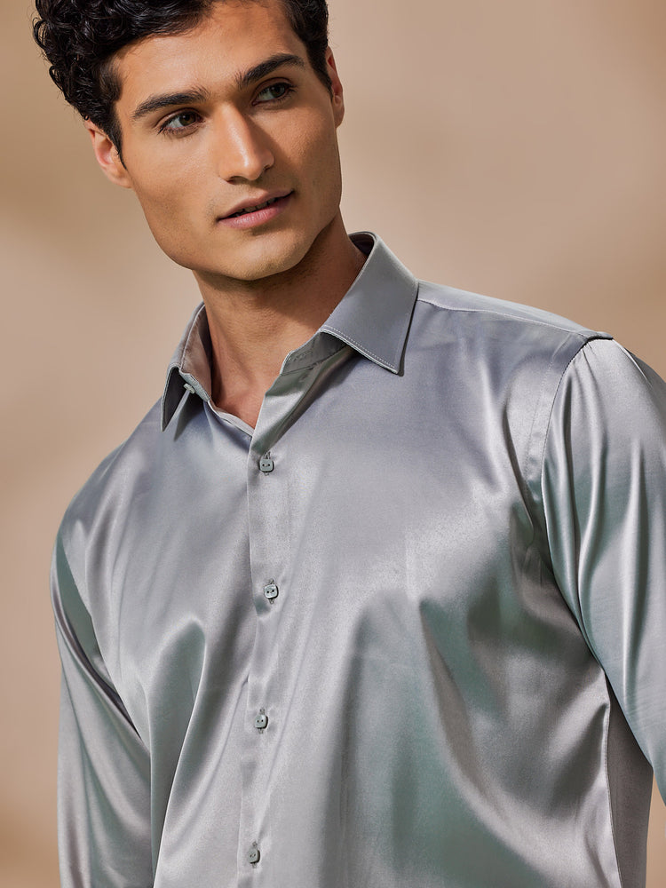 Grey Poly Stretch Spread Collar Shirt