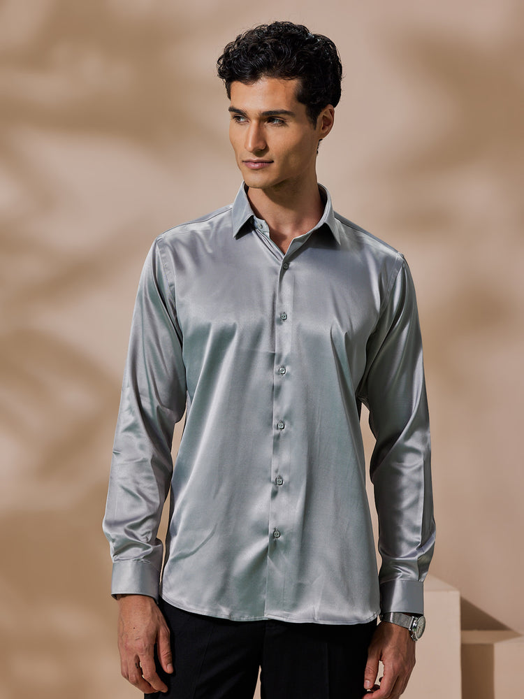 Grey Poly Stretch Spread Collar Shirt
