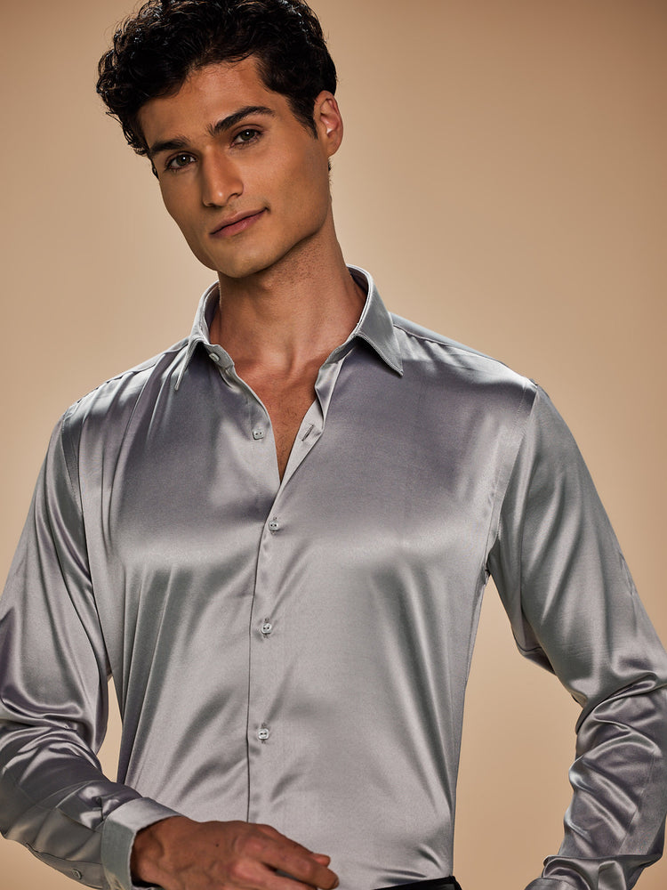 Grey Poly Stretch Spread Collar Shirt