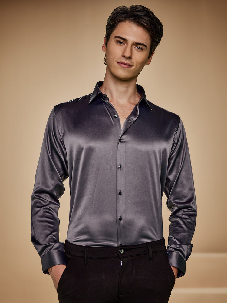Grey Poly Stretch Spread Collar Shirt