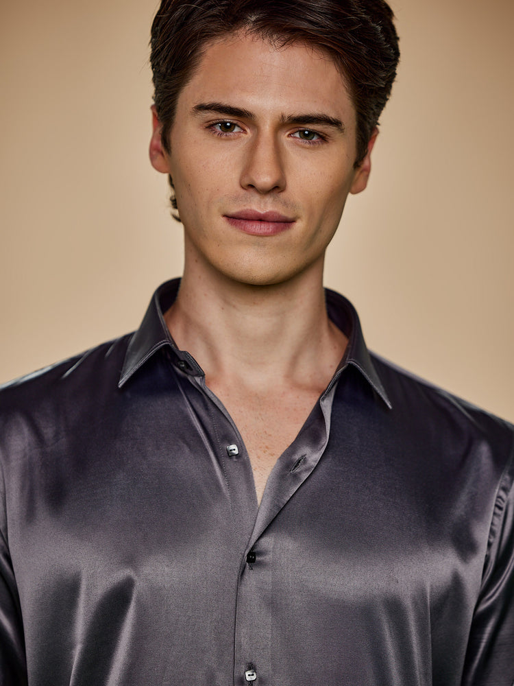 Grey Poly Stretch Spread Collar Shirt