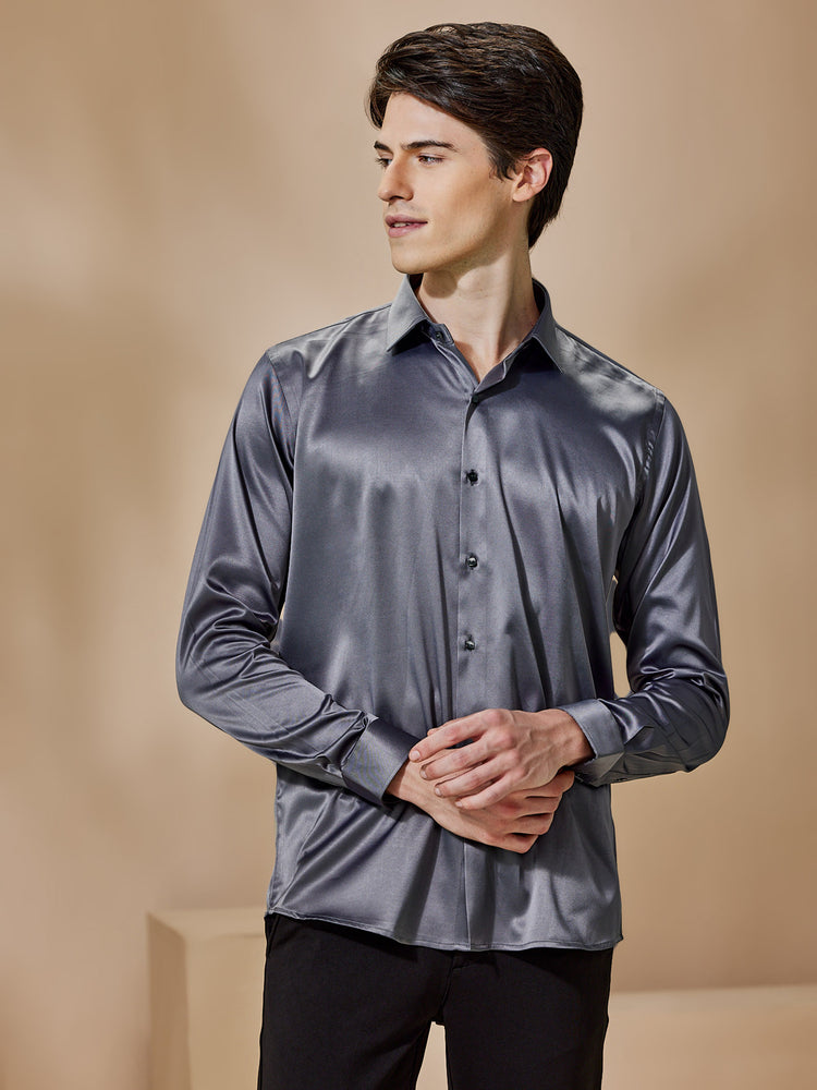 Grey Poly Stretch Spread Collar Shirt