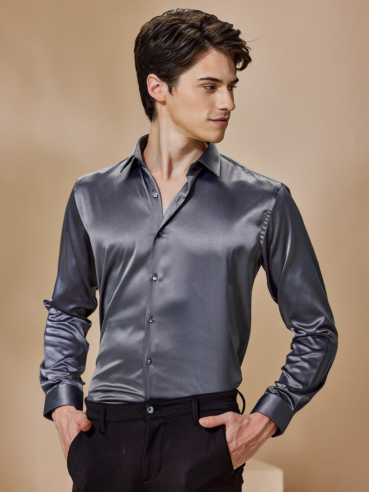 Grey Poly Stretch Spread Collar Shirt