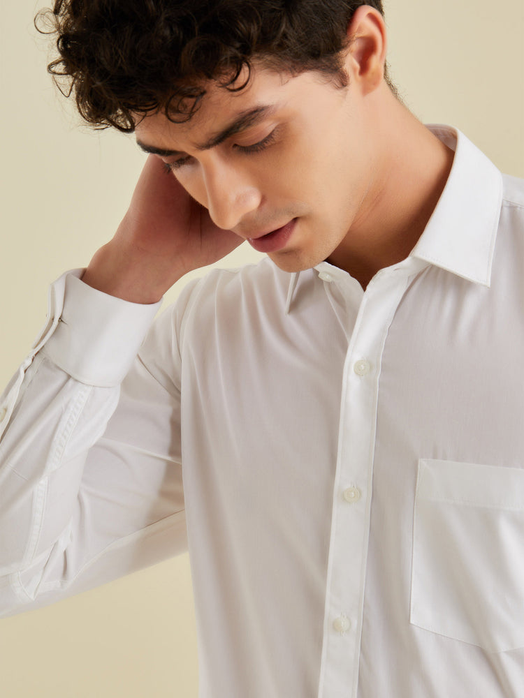 White Poly Cotton Spread Collar Shirt