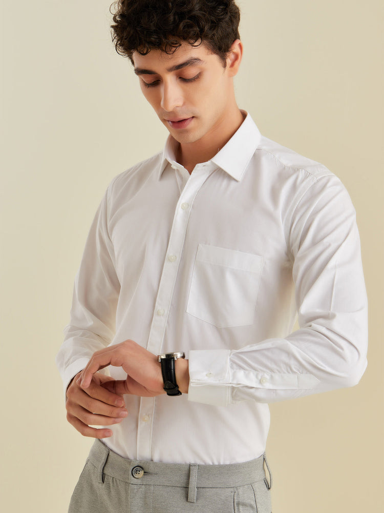 White Poly Cotton Spread Collar Shirt