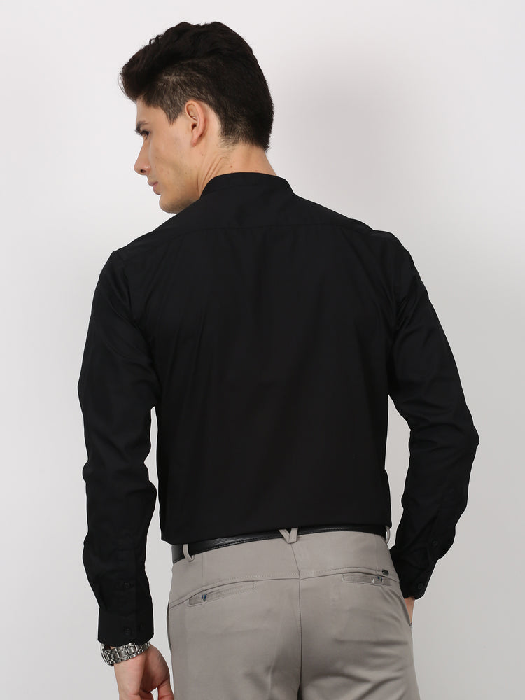 Black Cotton Blend Mandarin Collar Shirt