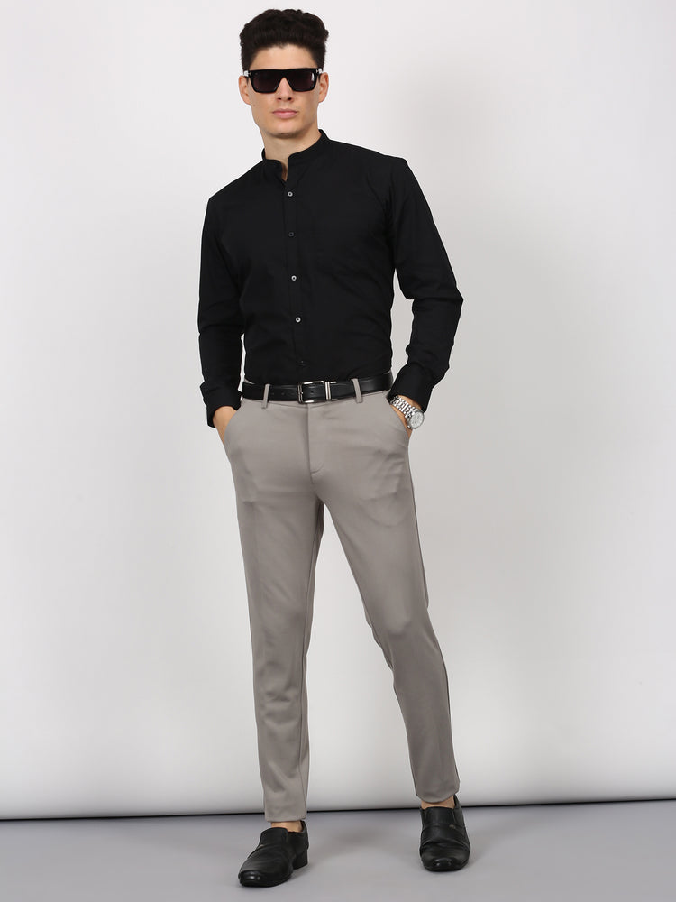 Black Cotton Blend Mandarin Collar Shirt