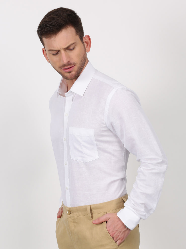 White Linen Cotton Spread Collar Shirt