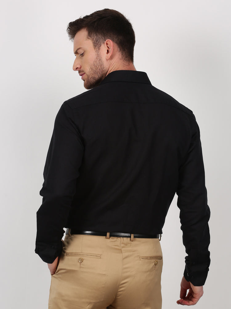 Black Linen Cotton Spread Collar Shirt