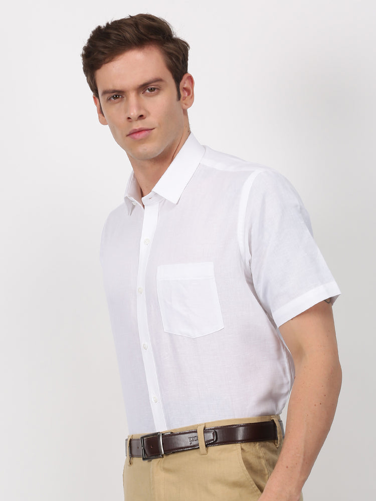 White Linen Cotton Spread Collar Shirt
