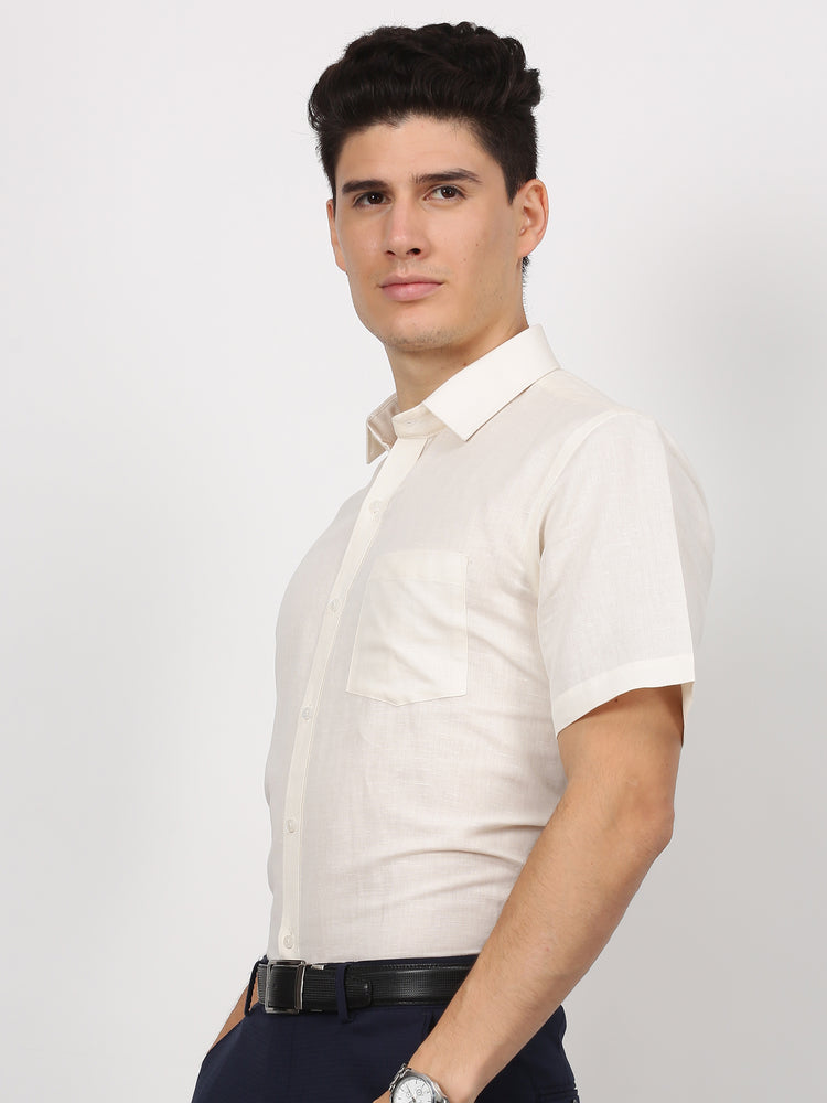 Cream Linen Cotton Spread Collar Shirt
