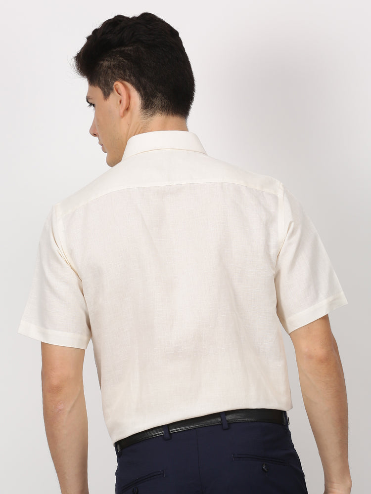 Cream Linen Cotton Spread Collar Shirt