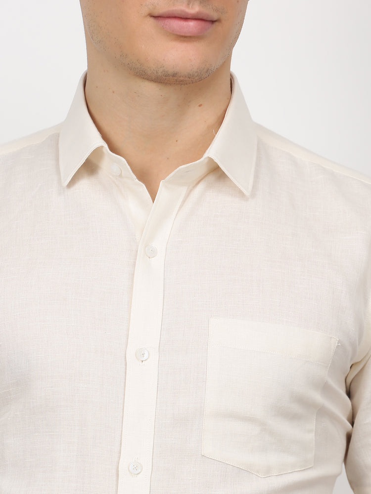 Cream Linen Cotton Spread Collar Shirt