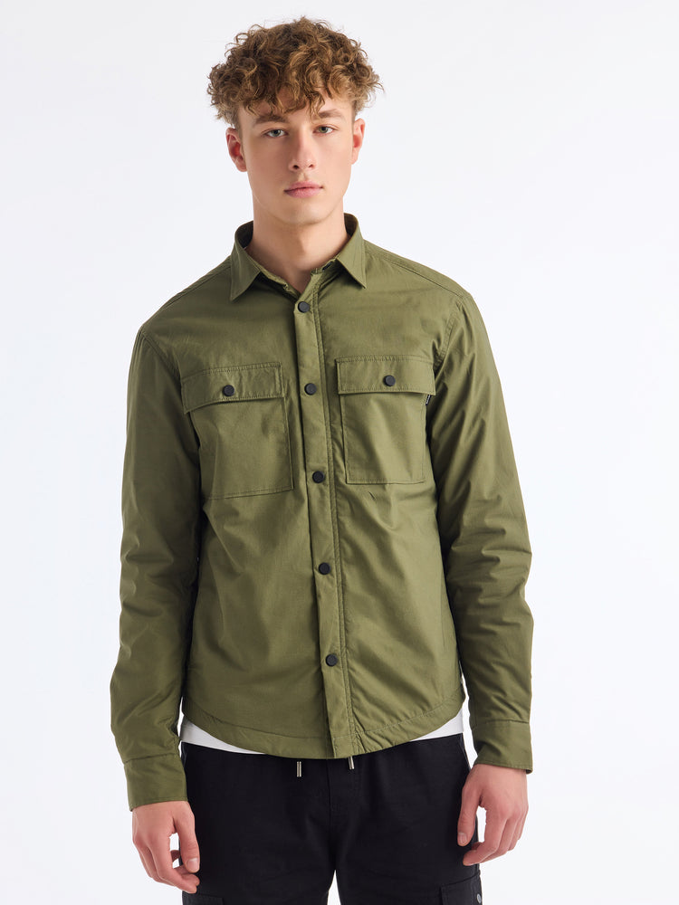 Green Cotton Stretch Spread Collar Shacket