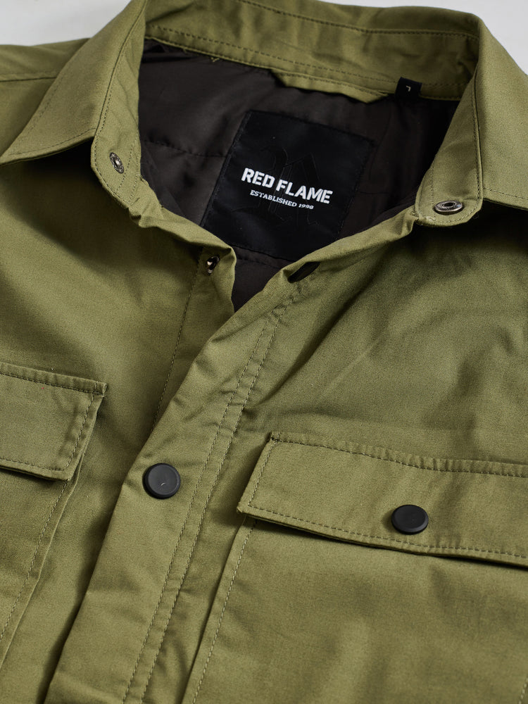 Green Cotton Stretch Spread Collar Shacket