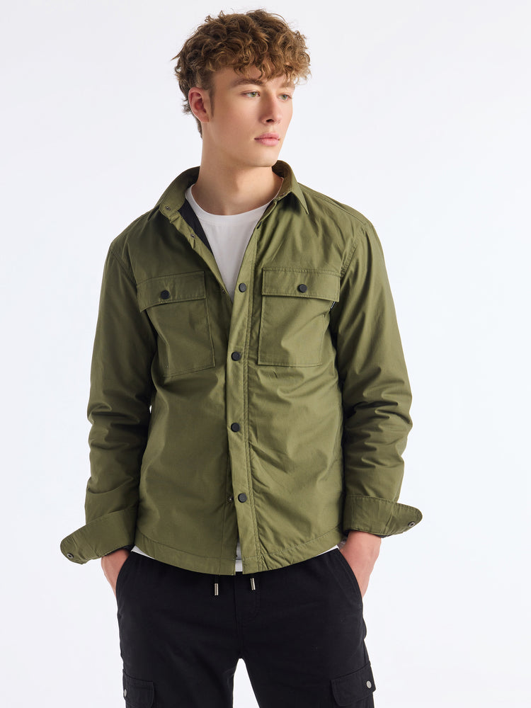 Green Cotton Stretch Spread Collar Shacket