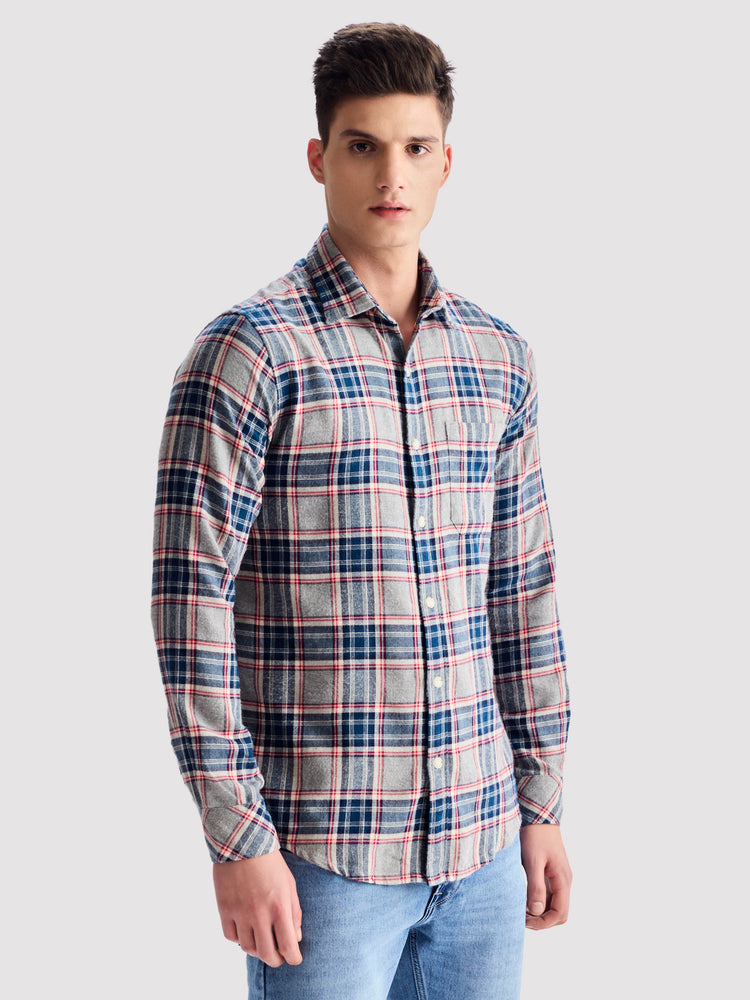 Grey Brushed Cotton Checked Shirt