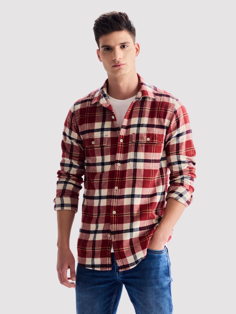 Red Brushed Cotton Checked Cargo-Shirt