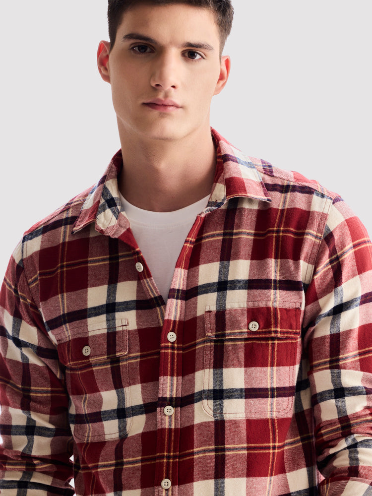 Red Brushed Cotton Checked Cargo-Shirt