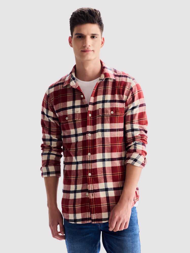 Red Brushed Cotton Checked Cargo-Shirt