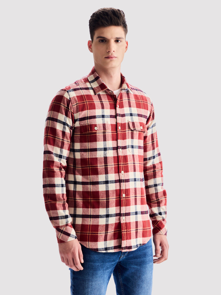 Red Brushed Cotton Checked Cargo-Shirt