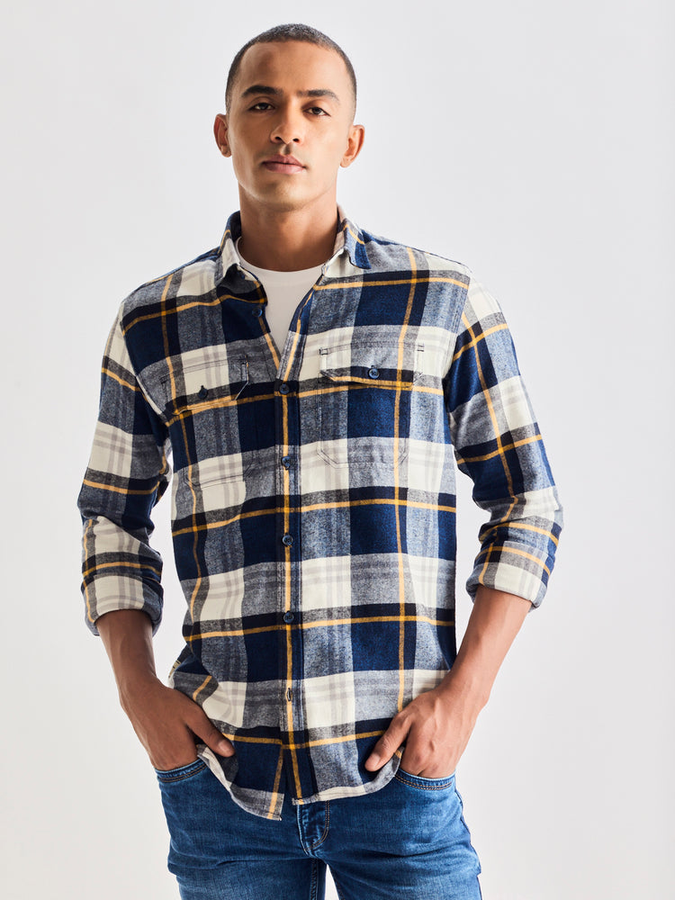 Grey Brushed Cotton Checked Cargo Shirt