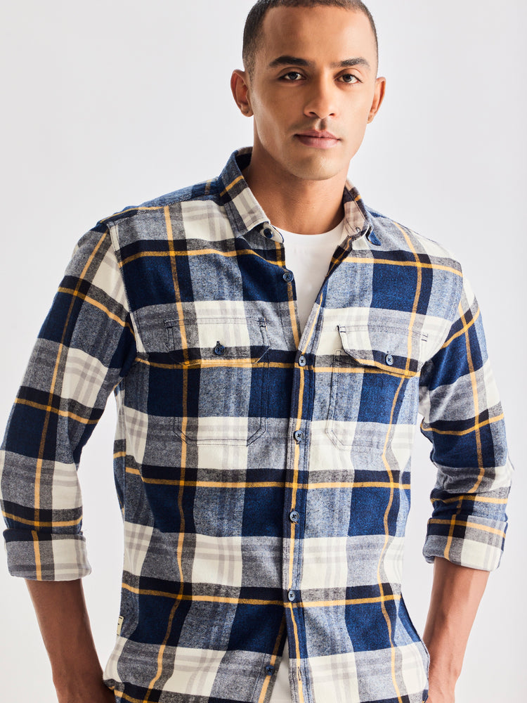 Grey Brushed Cotton Checked Cargo Shirt