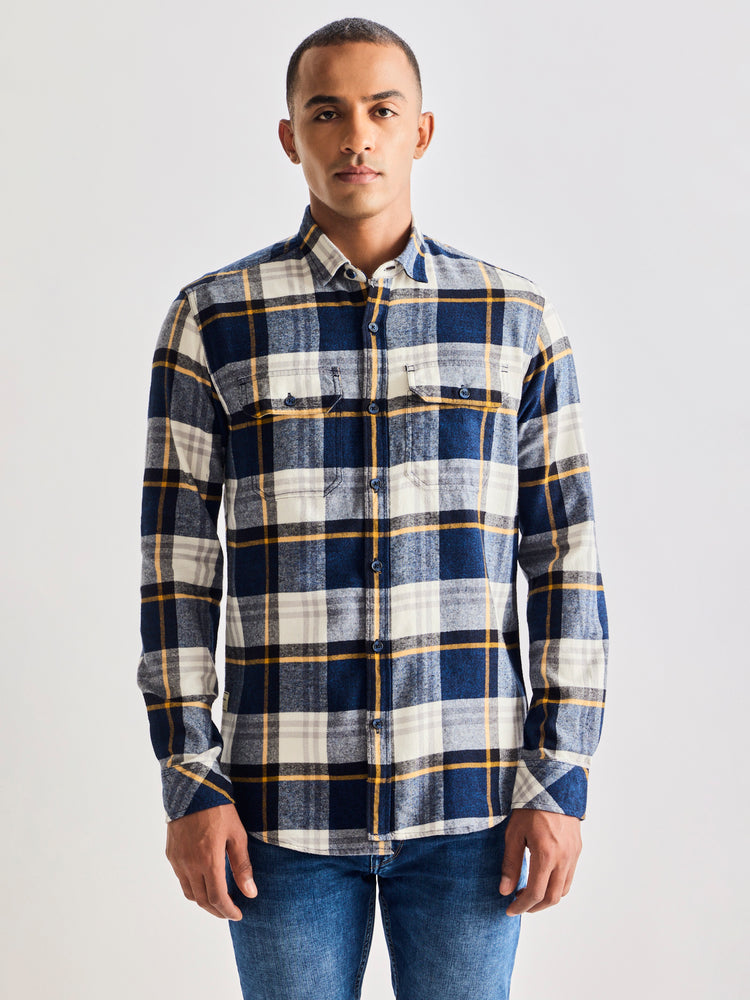 Grey Brushed Cotton Checked Cargo Shirt