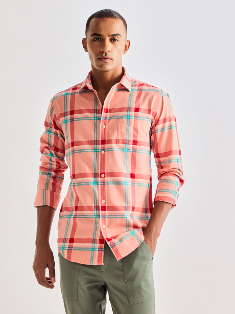 Red Pure Cotton Checked Shirt