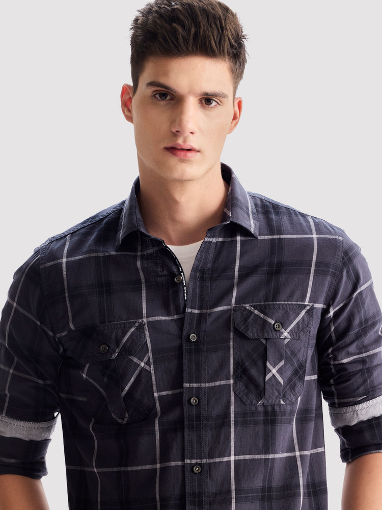 Grey Pure Cotton Checked Shirt
