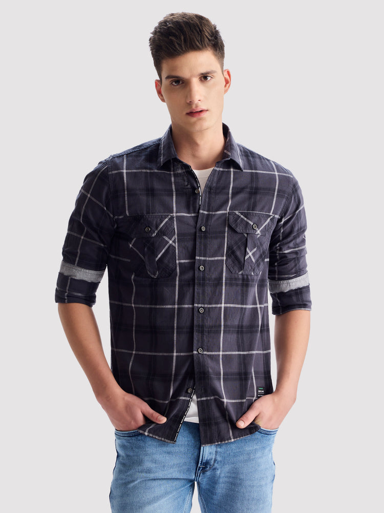 Grey Pure Cotton Checked Shirt