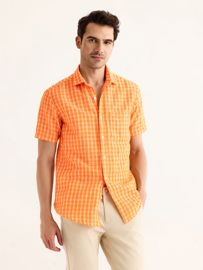 Orange Checked Linen Shirt