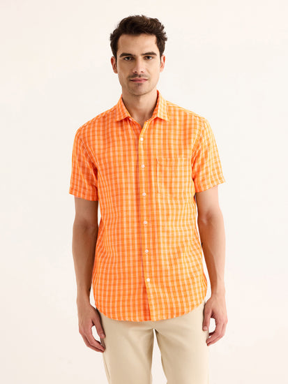 Orange Checked Linen Shirt