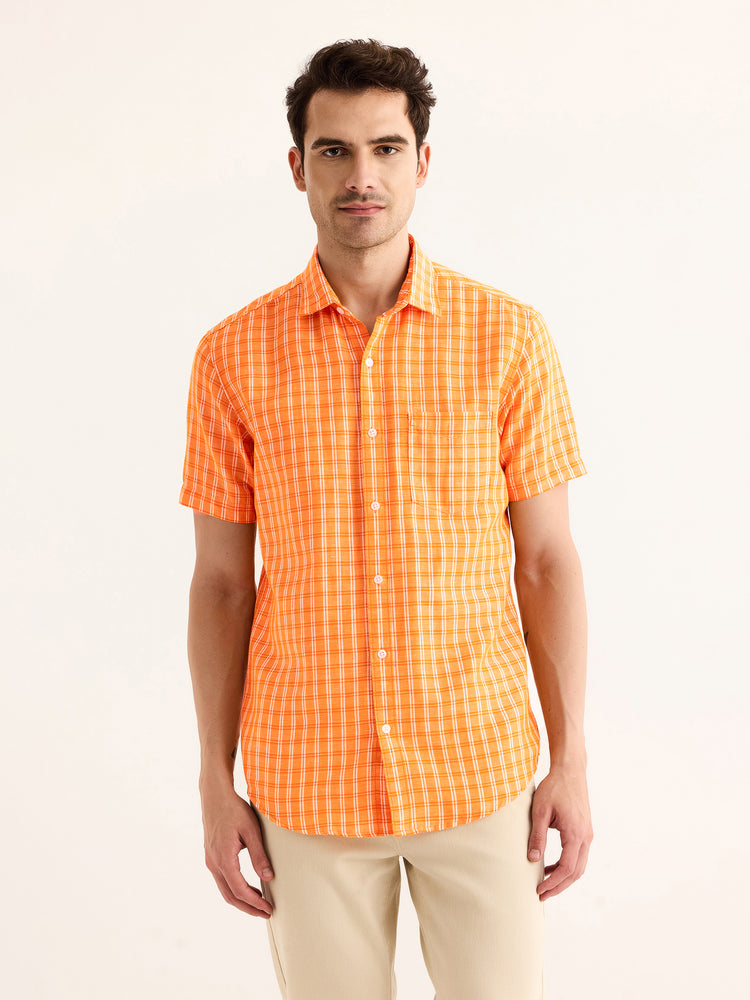 Orange Checked Linen Shirt