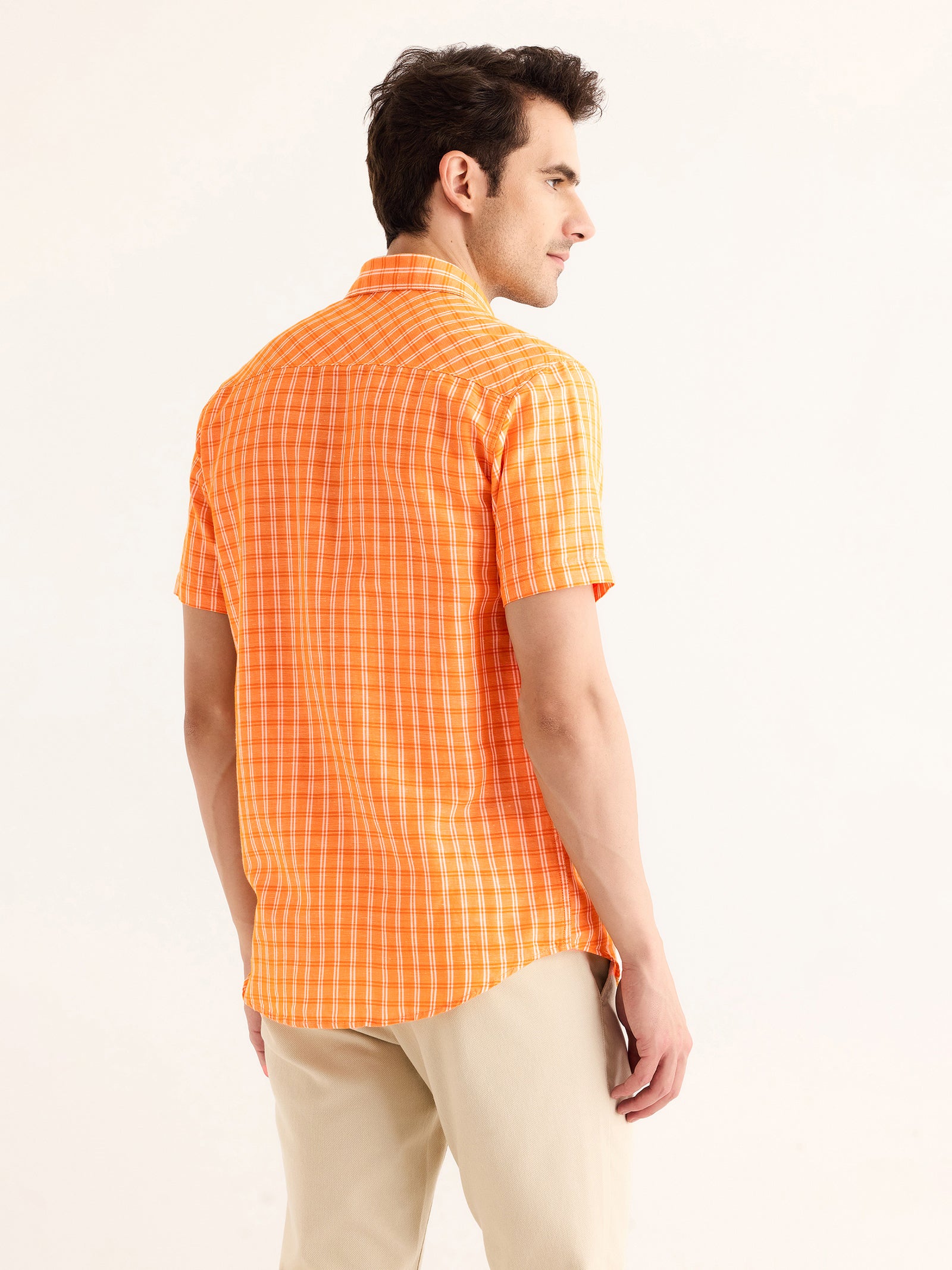 Orange Checked Linen Shirt