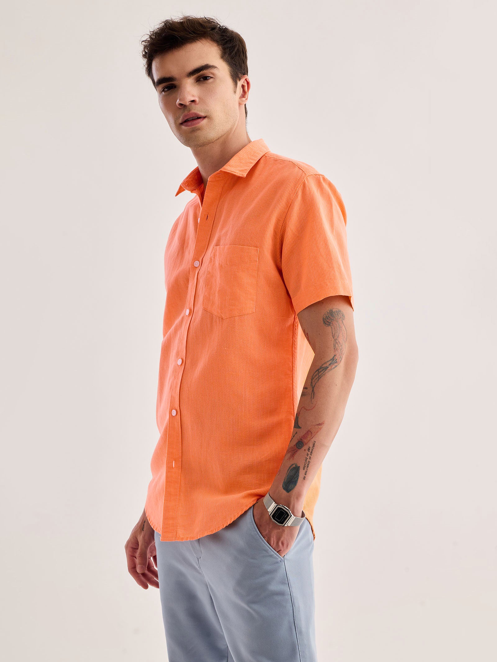 Orange Striped Linen Shirt