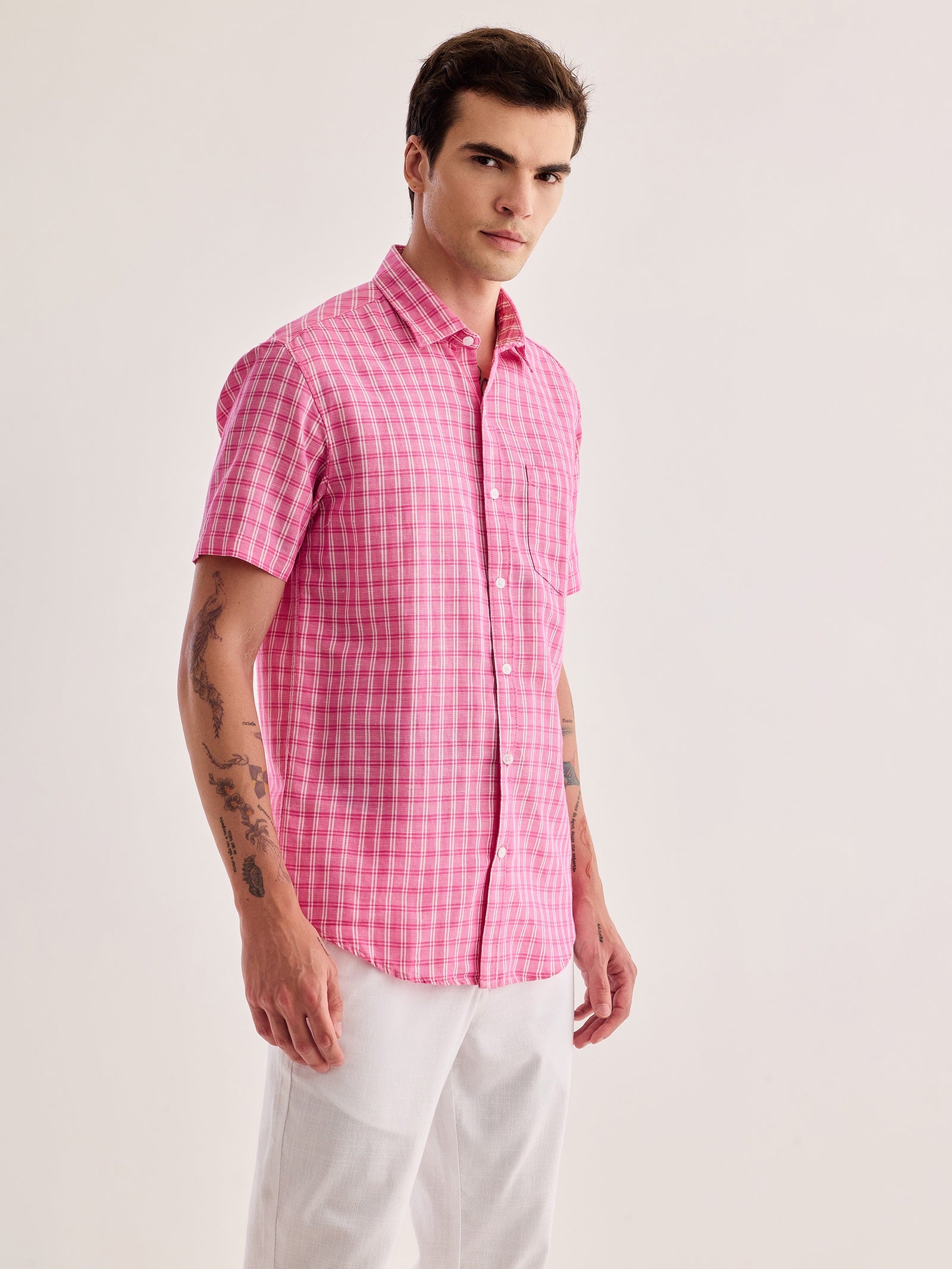 Pink Checked Linen Shirt