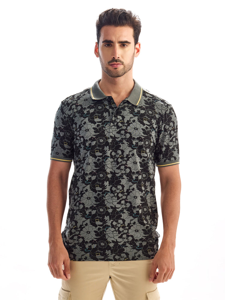 Grey Printed Polo T-Shirt