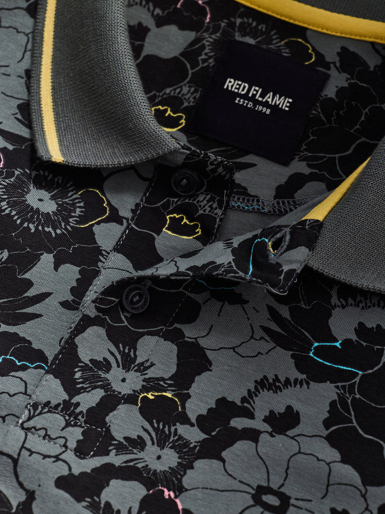 Grey Printed Polo T-Shirt
