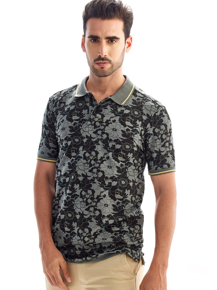 Grey Printed Polo T-Shirt