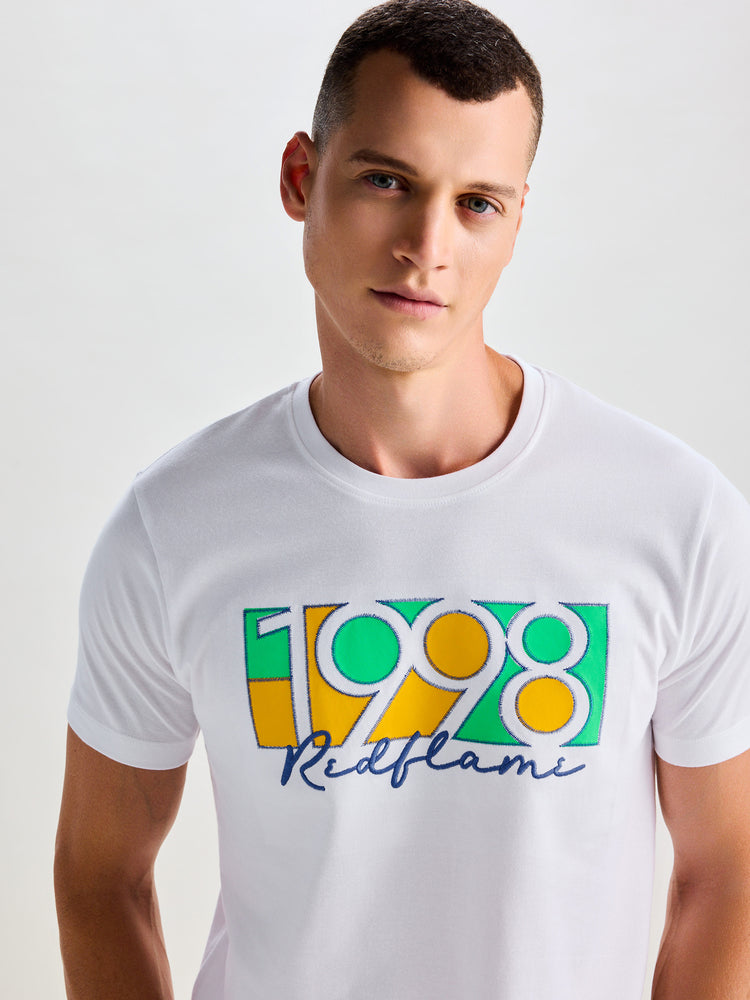 White Peach Chest Print Knits T-Shirt