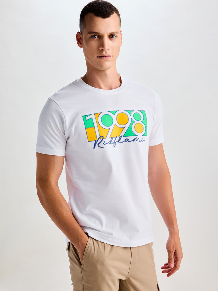 White Peach Chest Print Knits T-Shirt