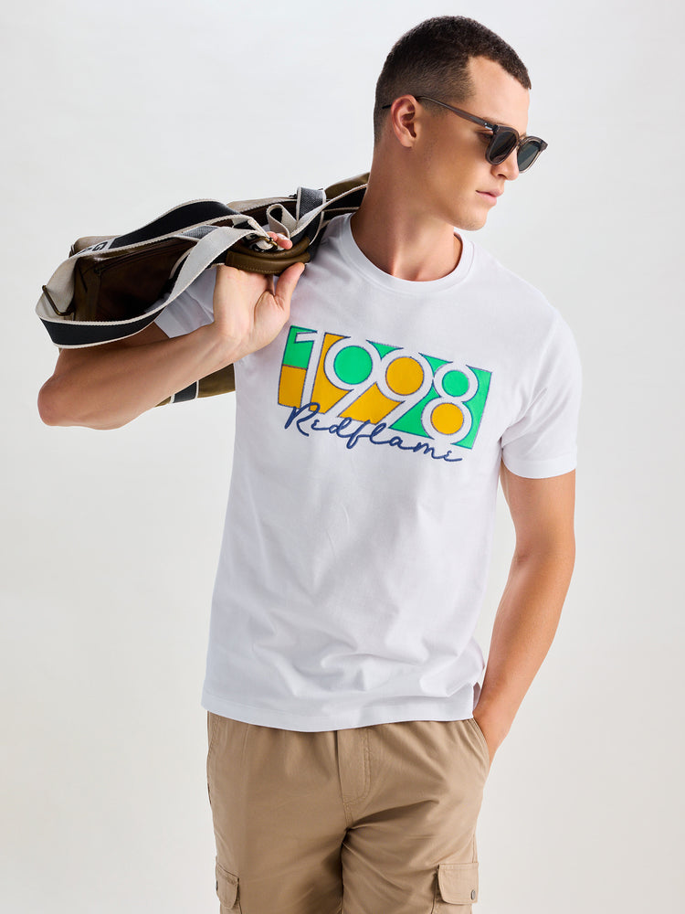 White Peach Chest Print Knits T-Shirt