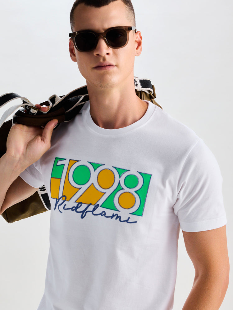 White Peach Chest Print Knits T-Shirt