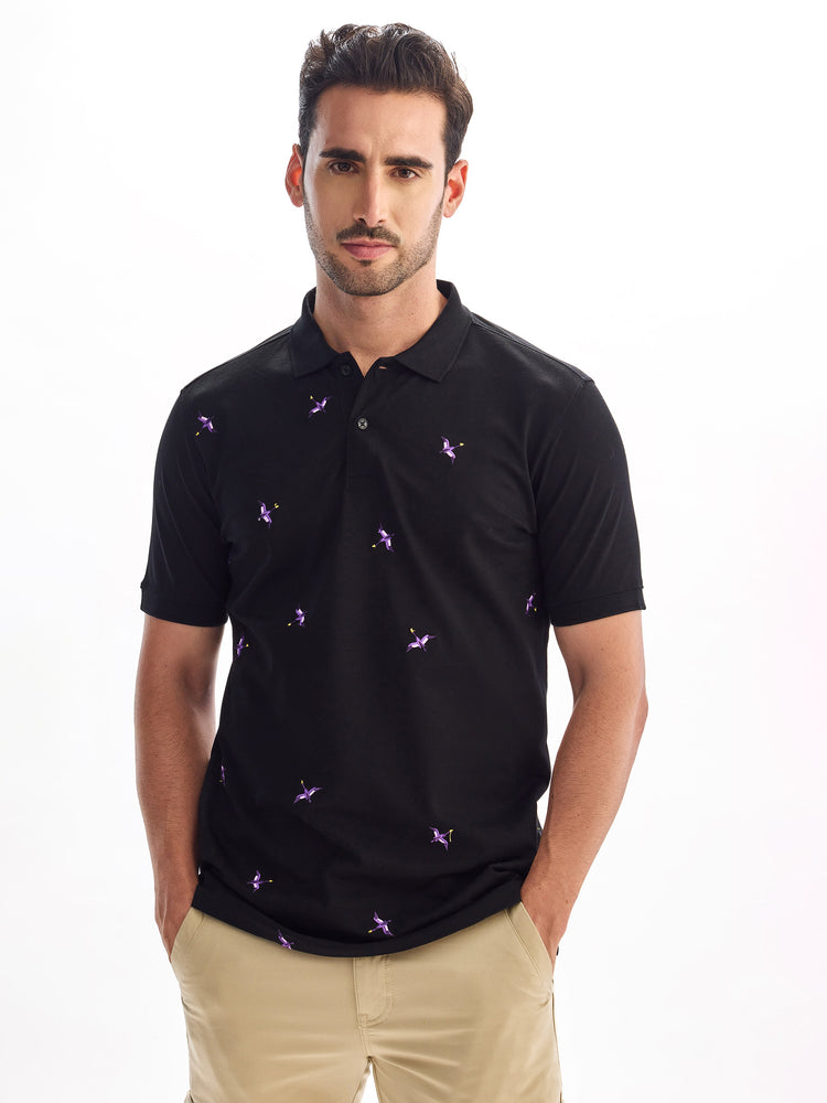 Black Print Polo T-Shirt